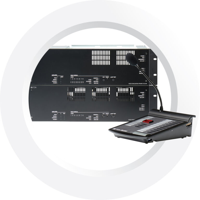 TOA Commercial Audio, Paging and Intercom Solutions TOA VX-3000 voice evacuation system frames, amplifiers and remote microphones