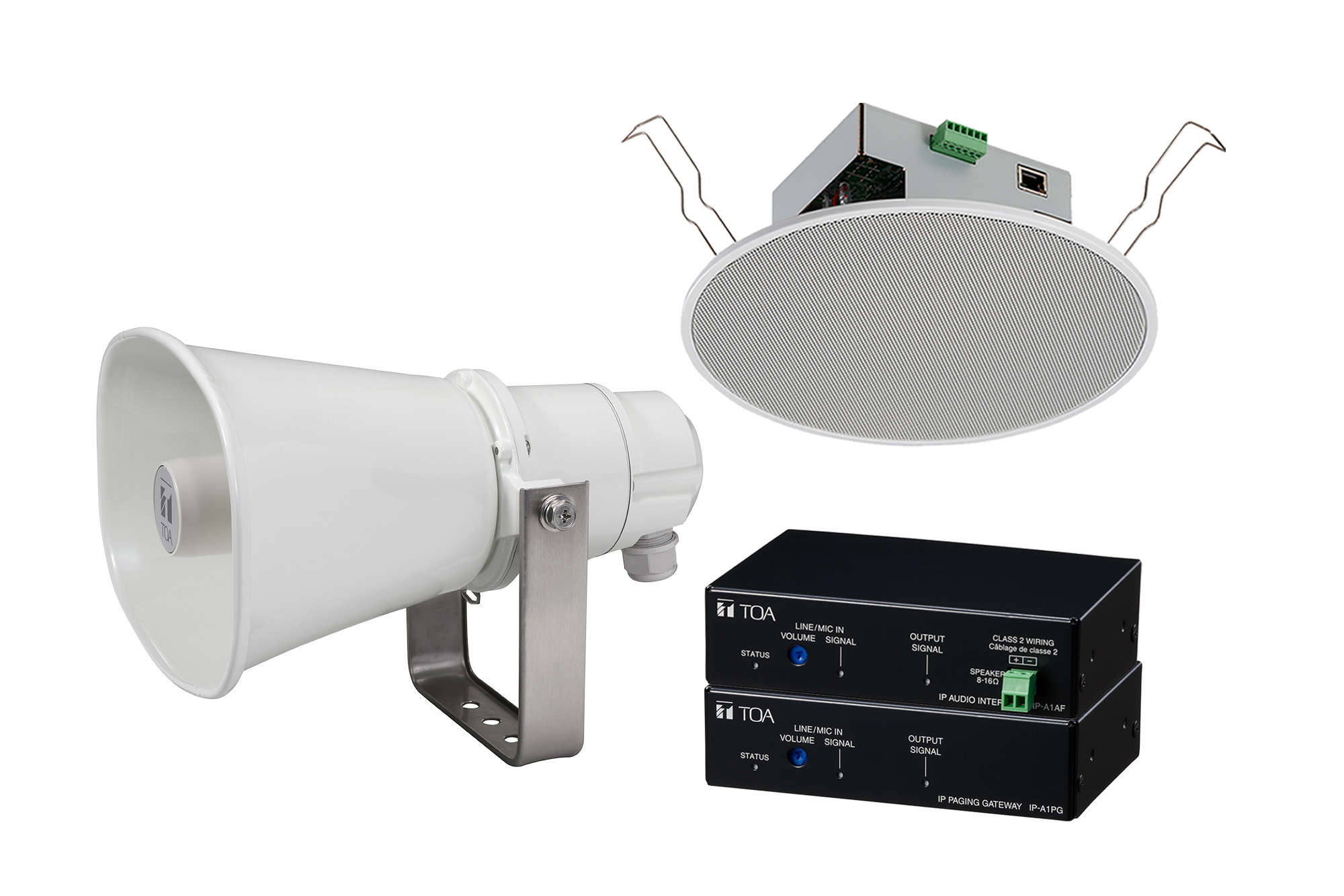 TOA Commercial Audio, Paging and Intercom Solutions TOA IP-A1 network speakers, amplifier, microphone and paging gateway